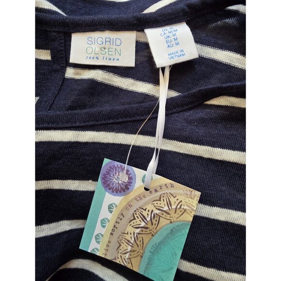 Sigrid Olsen Womens 100% Linen Striped Top Navy & White M NWT - Picture 4 of 7